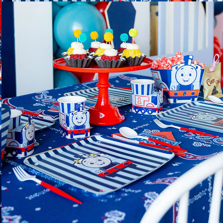 Thomas & Friends Party Plates - Train Birthday Large Square Plates - Blue Striped Paper Plates - Kids Train Party Tableware - Pack of 8 - Jolie Fete UK