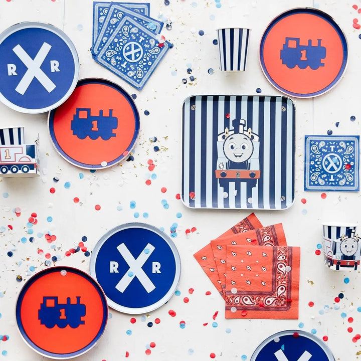 Thomas & Friends Party Plates - Train Birthday Large Square Plates - Blue Striped Paper Plates - Kids Train Party Tableware - Pack of 8 - Jolie Fete UK