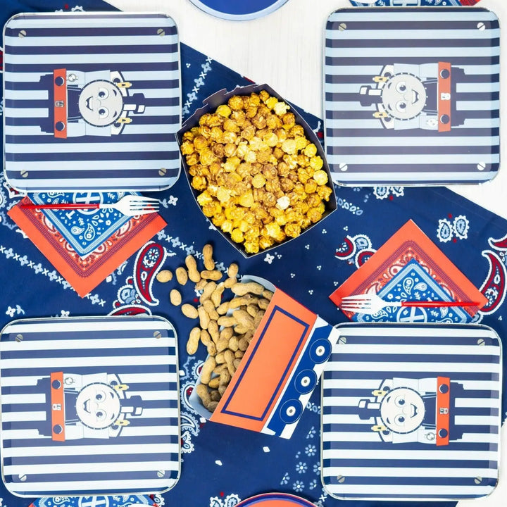 Thomas & Friends Party Plates - Train Birthday Large Square Plates - Blue Striped Paper Plates - Kids Train Party Tableware - Pack of 8 - Jolie Fete UK