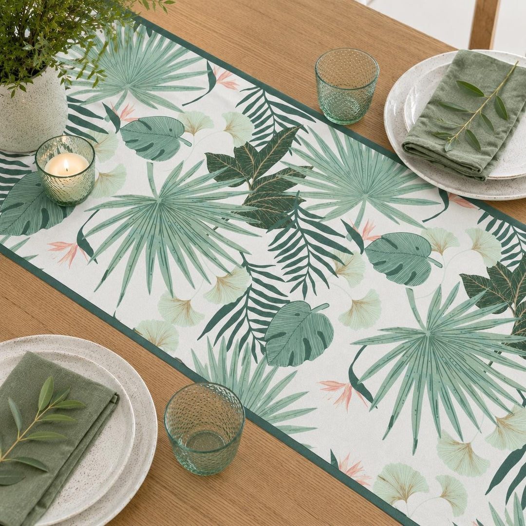 Tropical Leaves Table Runner - Jungle Party Table Cover - Green Nonwoven Runner - First Birthday Decor - Wild One Theme - Safari Party Table - Jolie Fete UK