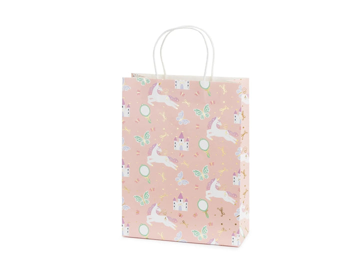 Unicorn Gift Bag - Large Paper Gift Bag - Pink With Unicorns, Castles, Butterflies & Gold Bows - Unicorn Birthday Party Theme - 32cm - Jolie Fete UK