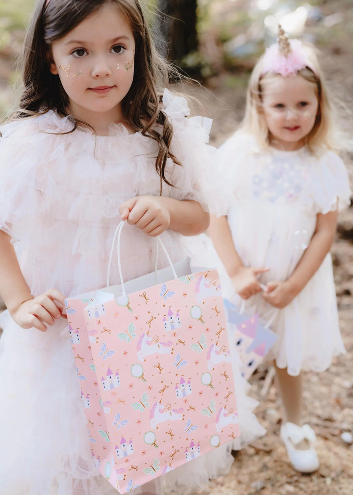 Unicorn Gift Bag - Large Paper Gift Bag - Pink With Unicorns, Castles, Butterflies & Gold Bows - Unicorn Birthday Party Theme - 32cm - Jolie Fete UK