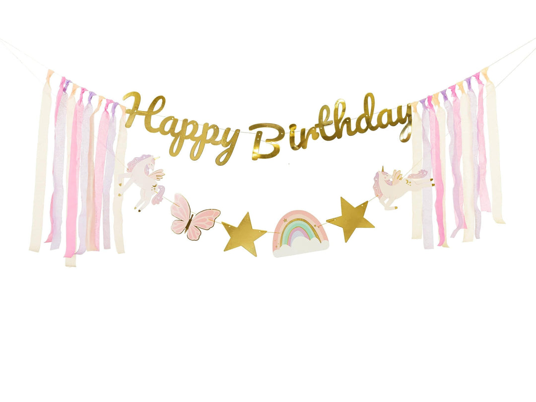Unicorn Happy Birthday Banner With Ribbons - Gold Garland With Lilac, Pink & Cream Tassels - Unicorn Party-Unicorn Birthday Decorations-2.3m - Jolie Fete UK