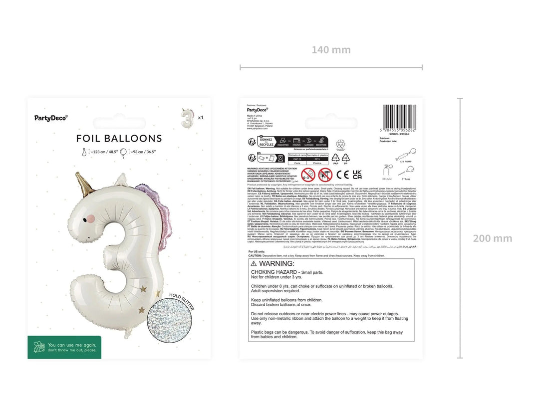 Unicorn Balloons-Unicorn Number 3 Balloon-Giant 36" Cream & Holographic Foil Balloon-Unicorn Birthday Decorations-Large 3rd Birthday Balloon - Jolie Fete UK