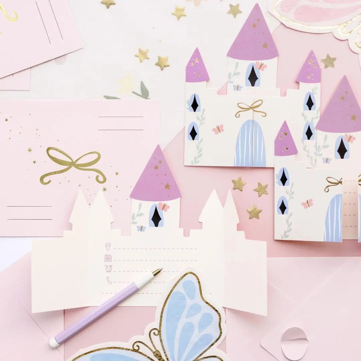 Unicorn Party Invitations - Castle Shaped Birthday Invites - Pink Envelopes With Gold Bows - Unicorn Birthday Party Theme - Pack Of 6 - Jolie Fete UK