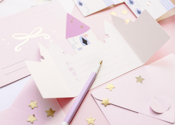 Unicorn Party Invitations - Castle Shaped Birthday Invites - Pink Envelopes With Gold Bows - Unicorn Birthday Party Theme - Pack Of 6 - Jolie Fete UK