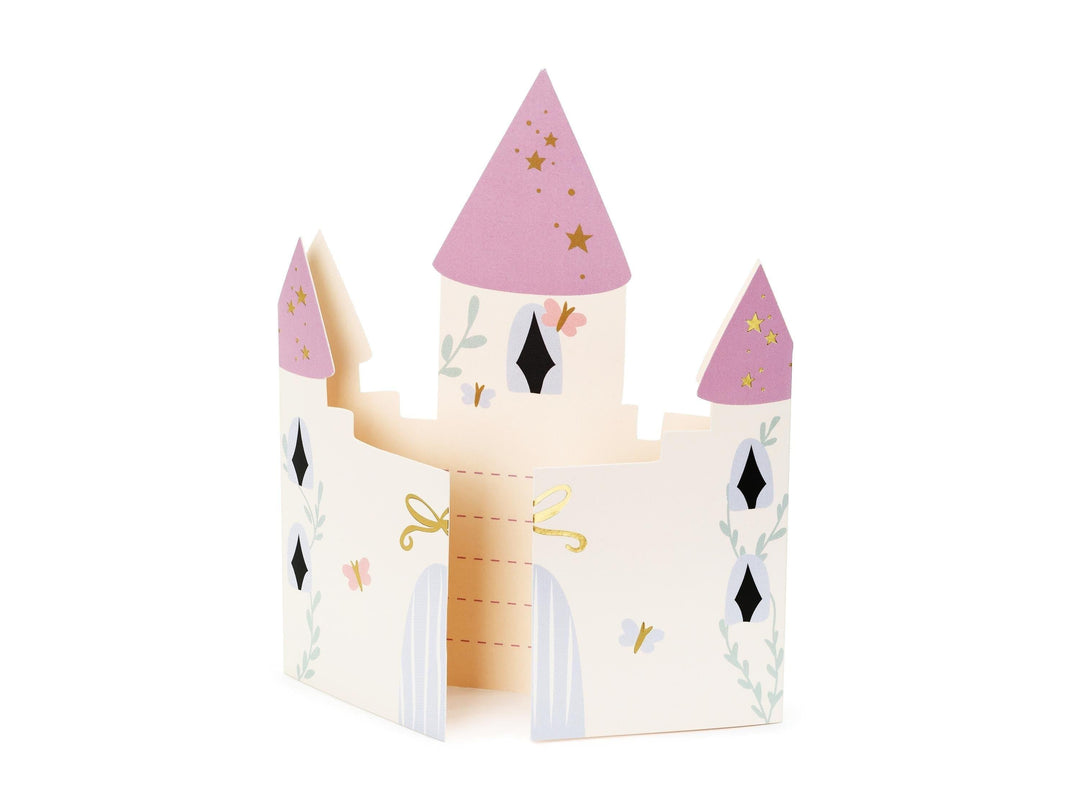 Unicorn Party Invitations - Castle Shaped Birthday Invites - Pink Envelopes With Gold Bows - Unicorn Birthday Party Theme - Pack Of 6 - Jolie Fete UK