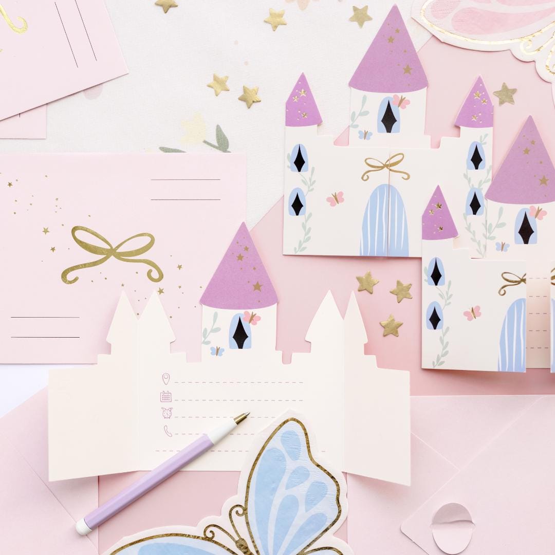 Unicorn Party Invitations - Castle Shaped Birthday Invites - Pink Envelopes With Gold Bows - Unicorn Birthday Party Theme - Pack Of 6 - Jolie Fete UK
