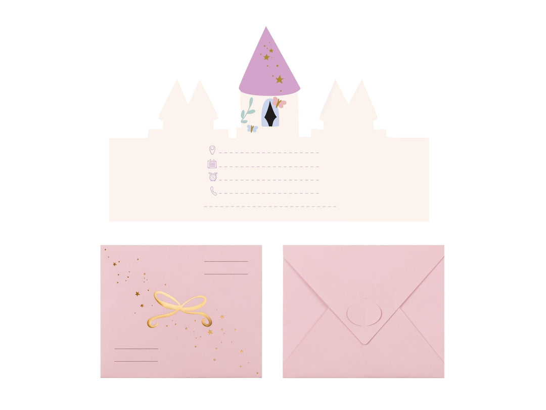 Unicorn Party Invitations - Castle Shaped Birthday Invites - Pink Envelopes With Gold Bows - Unicorn Birthday Party Theme - Pack Of 6 - Jolie Fete UK
