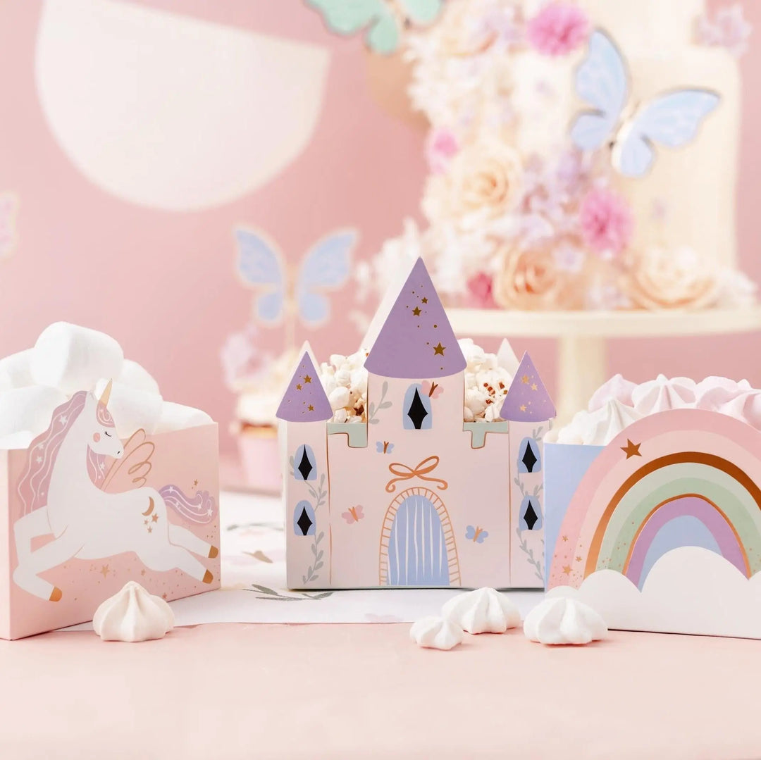 Unicorn Party Snack Boxes - Castle, Rainbow & Unicorn Designs With Gold Bows - Unicorn Party Supplies-Unicorn Birthday Decorations-Pack Of 6 - Jolie Fete UK