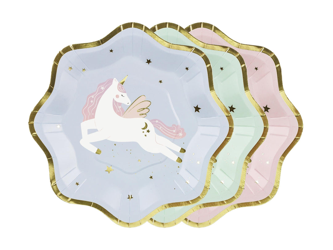 Unicorn Plates - Pastel Unicorn Paper Plates with Gold Rim - Blue, Pink & Green Party Plates - Unicorn Birthday Decorations - Pack Of 6 - Jolie Fete UK