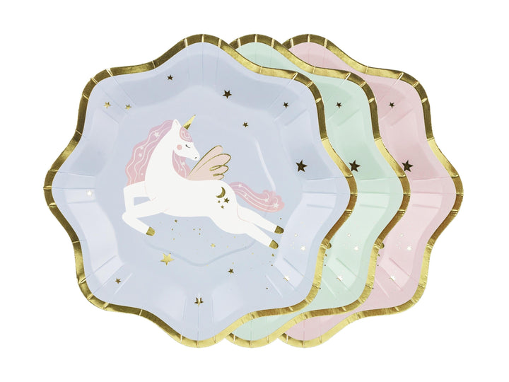 Unicorn Plates - Pastel Unicorn Paper Plates with Gold Rim - Blue, Pink & Green Party Plates - Unicorn Birthday Decorations - Pack Of 6 - Jolie Fete UK