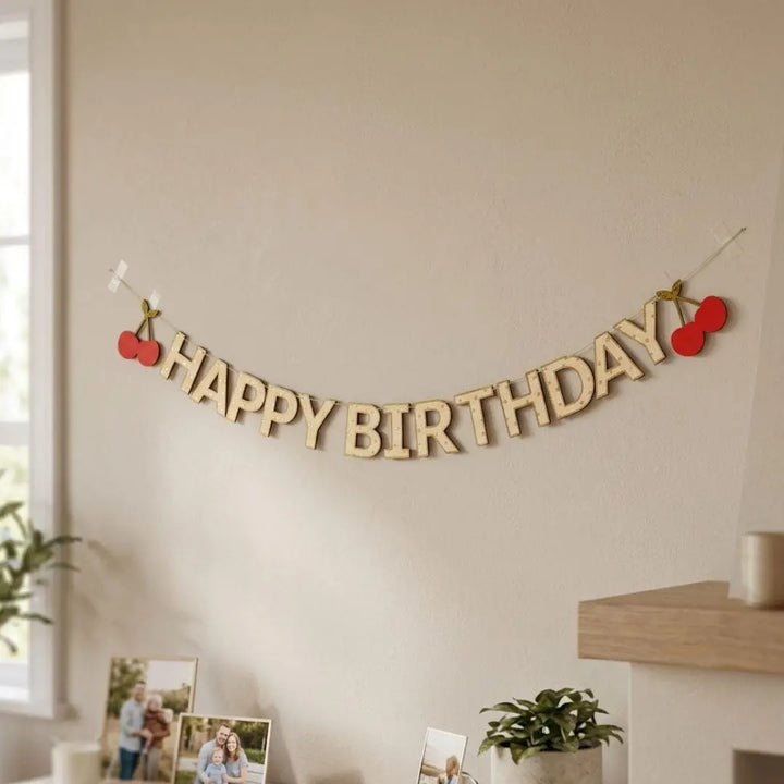 Happy Birthday Banner - Vintage Cherry Party Decorations - Pink Striped Garland - Coquette Bunting - 2.5m Card Banner - Gold Outline Letters - Jolie Fete UK