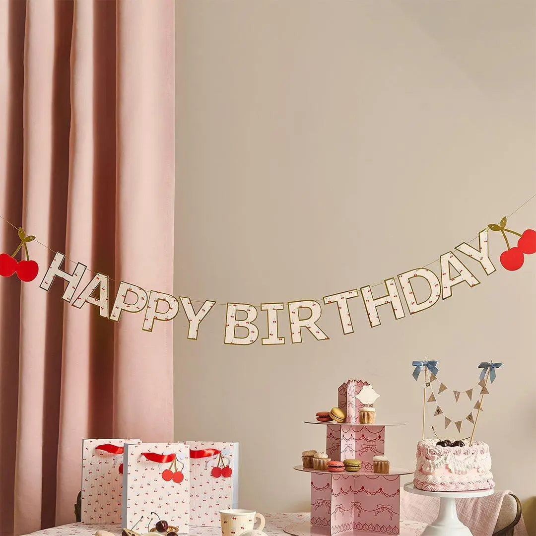 Happy Birthday Banner - Vintage Cherry Party Decorations - Pink Striped Garland - Coquette Bunting - 2.5m Card Banner - Gold Outline Letters - Jolie Fete UK