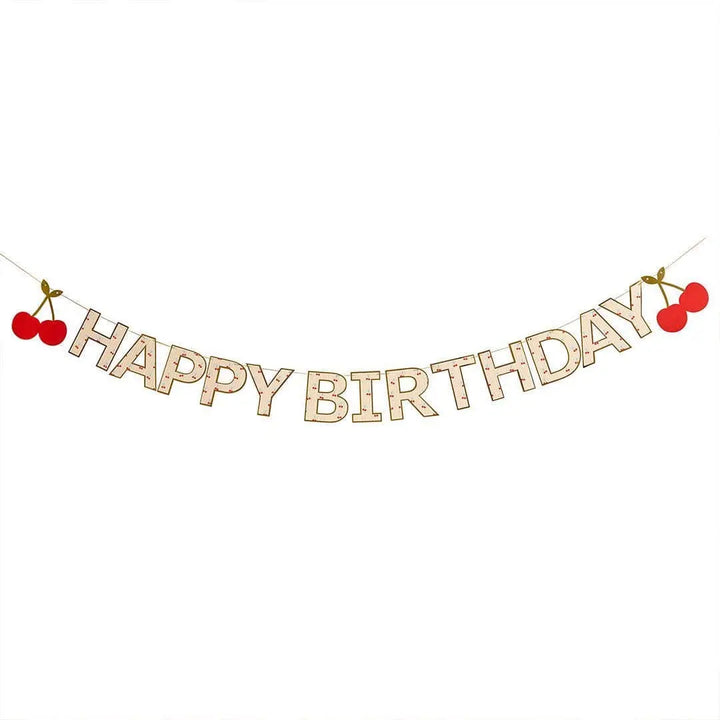Happy Birthday Banner - Vintage Cherry Party Decorations - Pink Striped Garland - Coquette Bunting - 2.5m Card Banner - Gold Outline Letters - Jolie Fete UK