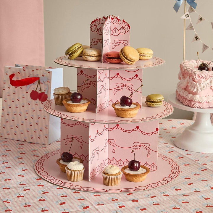 Vintage Cake Stand - 3 Tier Cupcake Stand - Pink Card Afternoon Tea Stand - Coquette Bows Pastry Tower -Birthday Centrepiece-Rococo Cherries - Jolie Fete UK