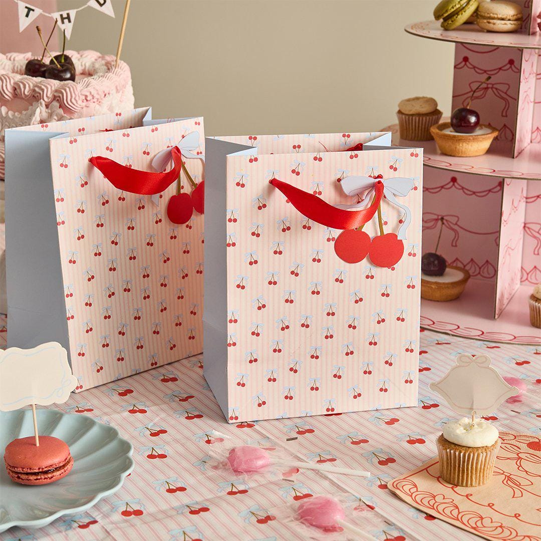 Vintage Cherry Party Bags - Cherries Favour Bags with Satin Ribbon - Coquette Gift Bags - Pink Striped Sweet Treat Bags - 20x15cm -Pack of 4 - Jolie Fete UK