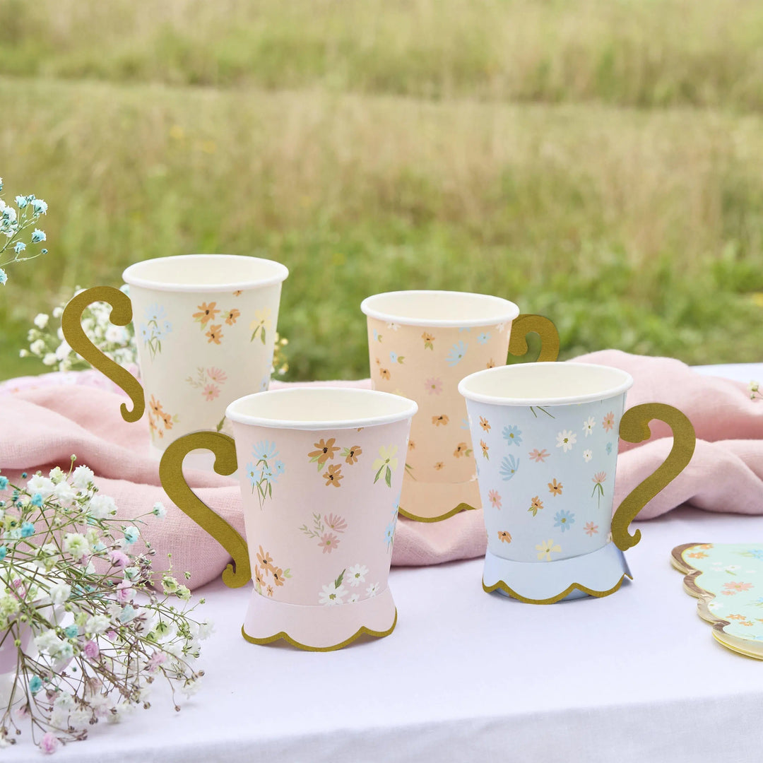 Floral Paper Cups - Vintage Afternoon Tea Decorations - Pastel Flower Tea Party Tableware - Hen Party & Baby Shower Teacups - Pack Of 8 - Jolie Fete UK