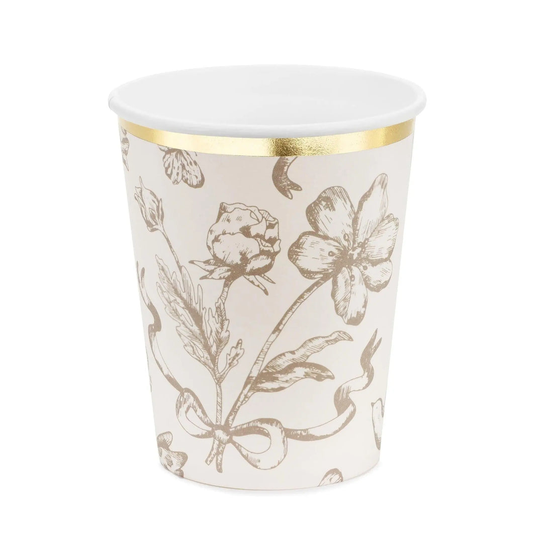Vintage Floral Paper Cups - Cream & Gold Trimmed Botanical Party Cups - Baby Shower, Tea Party, Wedding Decor - 220ml - Pack Of 6 - Jolie Fete UK
