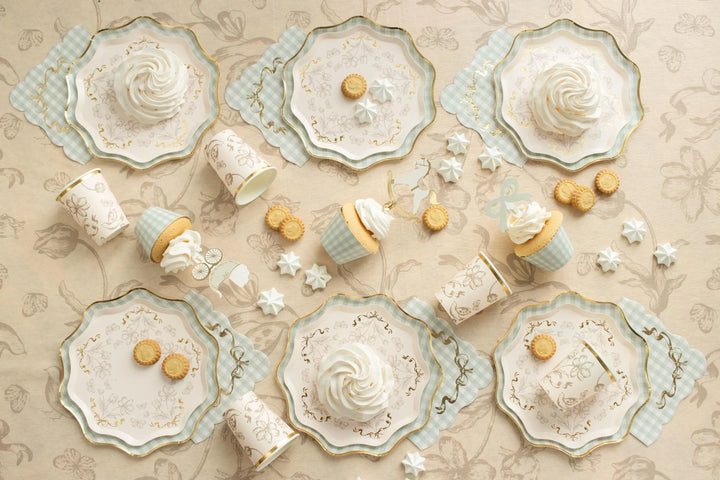 Vintage Floral Paper Cups - Cream & Gold Trimmed Botanical Party Cups - Baby Shower, Tea Party, Wedding Decor - 220ml - Pack Of 6 - Jolie Fete UK