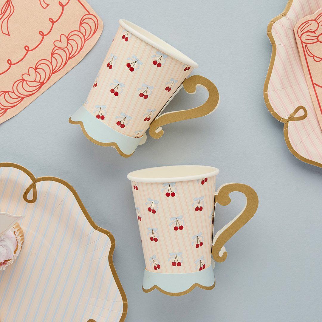 Vintage Paper Cups - Cherry Party Teacups with Handles - Cherries & Pink Striped Cups - Hen Party Tableware - Tea Party Paper Cups-Pack of 8 - Jolie Fete UK