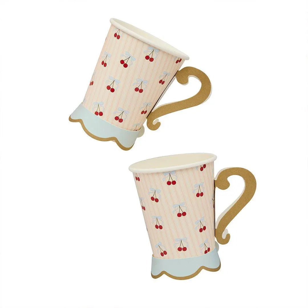 Vintage Paper Cups - Cherry Party Teacups with Handles - Cherries & Pink Striped Cups - Hen Party Tableware - Tea Party Paper Cups-Pack of 8 - Jolie Fete UK
