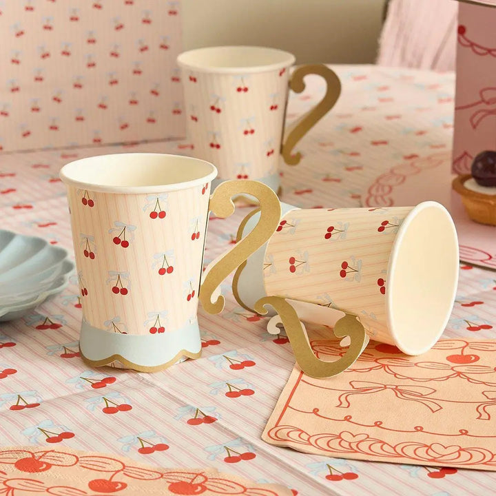 Vintage Paper Cups - Cherry Party Teacups with Handles - Cherries & Pink Striped Cups - Hen Party Tableware - Tea Party Paper Cups-Pack of 8 - Jolie Fete UK