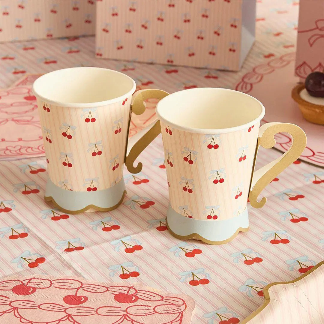 Vintage Paper Cups - Cherry Party Teacups with Handles - Cherries & Pink Striped Cups - Hen Party Tableware - Tea Party Paper Cups-Pack of 8 - Jolie Fete UK