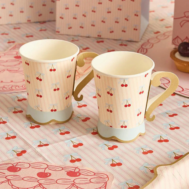 Vintage Paper Cups - Cherry Party Teacups with Handles - Cherries & Pink Striped Cups - Hen Party Tableware - Tea Party Paper Cups-Pack of 8 - Jolie Fete UK