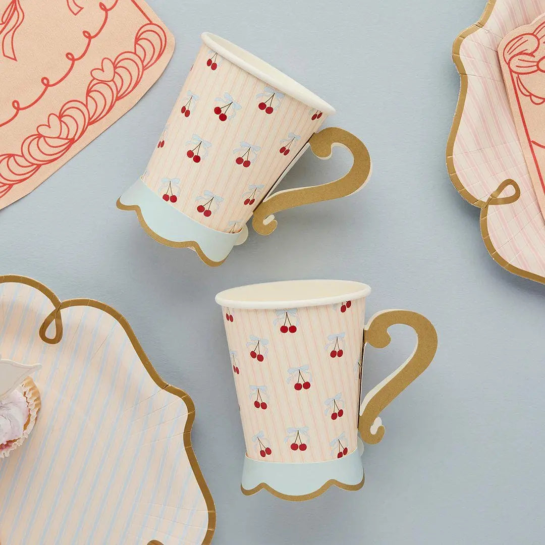 Vintage Paper Cups - Cherry Party Teacups with Handles - Cherries & Pink Striped Cups - Hen Party Tableware - Tea Party Paper Cups-Pack of 8 - Jolie Fete UK
