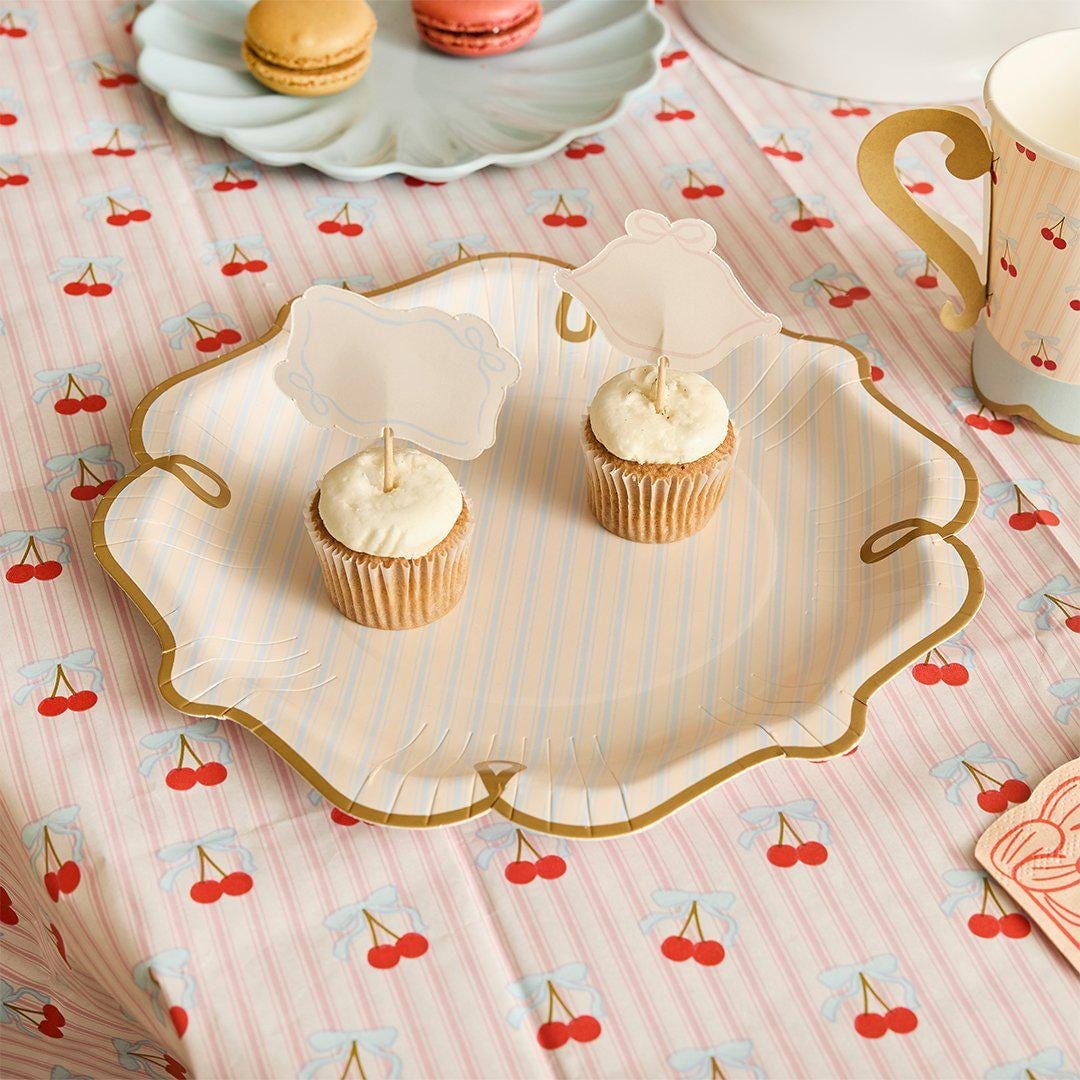 Vintage Paper Plates - Pink Blue Striped Tableware - Gold Rim Party Plates - Coquette Tea Party - Pack of 8 Scalloped Plates-Rococo Cherries - Jolie Fete UK