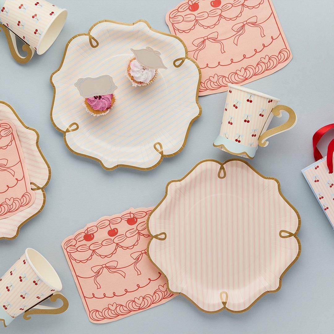 Vintage Paper Plates - Pink Blue Striped Tableware - Gold Rim Party Plates - Coquette Tea Party - Pack of 8 Scalloped Plates-Rococo Cherries - Jolie Fete UK