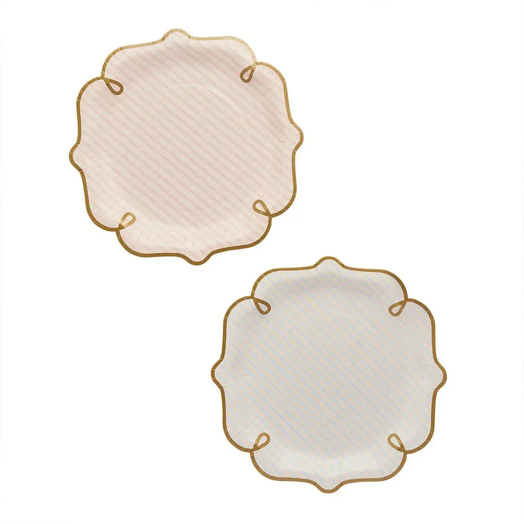 Vintage Paper Plates - Pink Blue Striped Tableware - Gold Rim Party Plates - Coquette Tea Party - Pack of 8 Scalloped Plates-Rococo Cherries - Jolie Fete UK