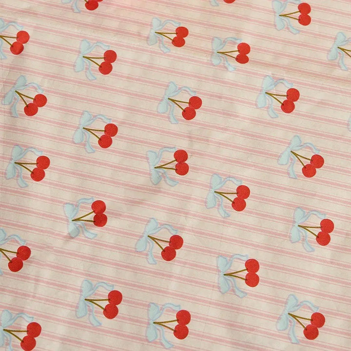 Vintage Paper Tablecloth - Cherry Paper Table Cover - Pink Striped & Cherries Party Tableware - Coquette Tea Party - 2.6m x 1.4m Large - Jolie Fete UK