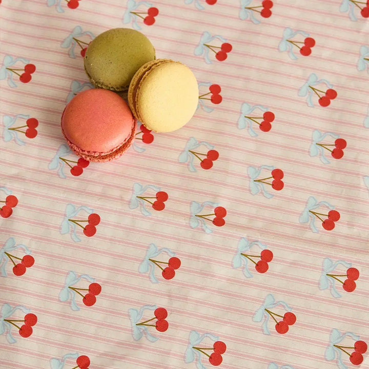 Vintage Paper Tablecloth - Cherry Paper Table Cover - Pink Striped & Cherries Party Tableware - Coquette Tea Party - 2.6m x 1.4m Large - Jolie Fete UK