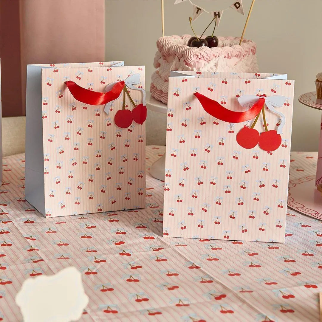 Vintage Paper Tablecloth - Cherry Paper Table Cover - Pink Striped & Cherries Party Tableware - Coquette Tea Party - 2.6m x 1.4m Large - Jolie Fete UK