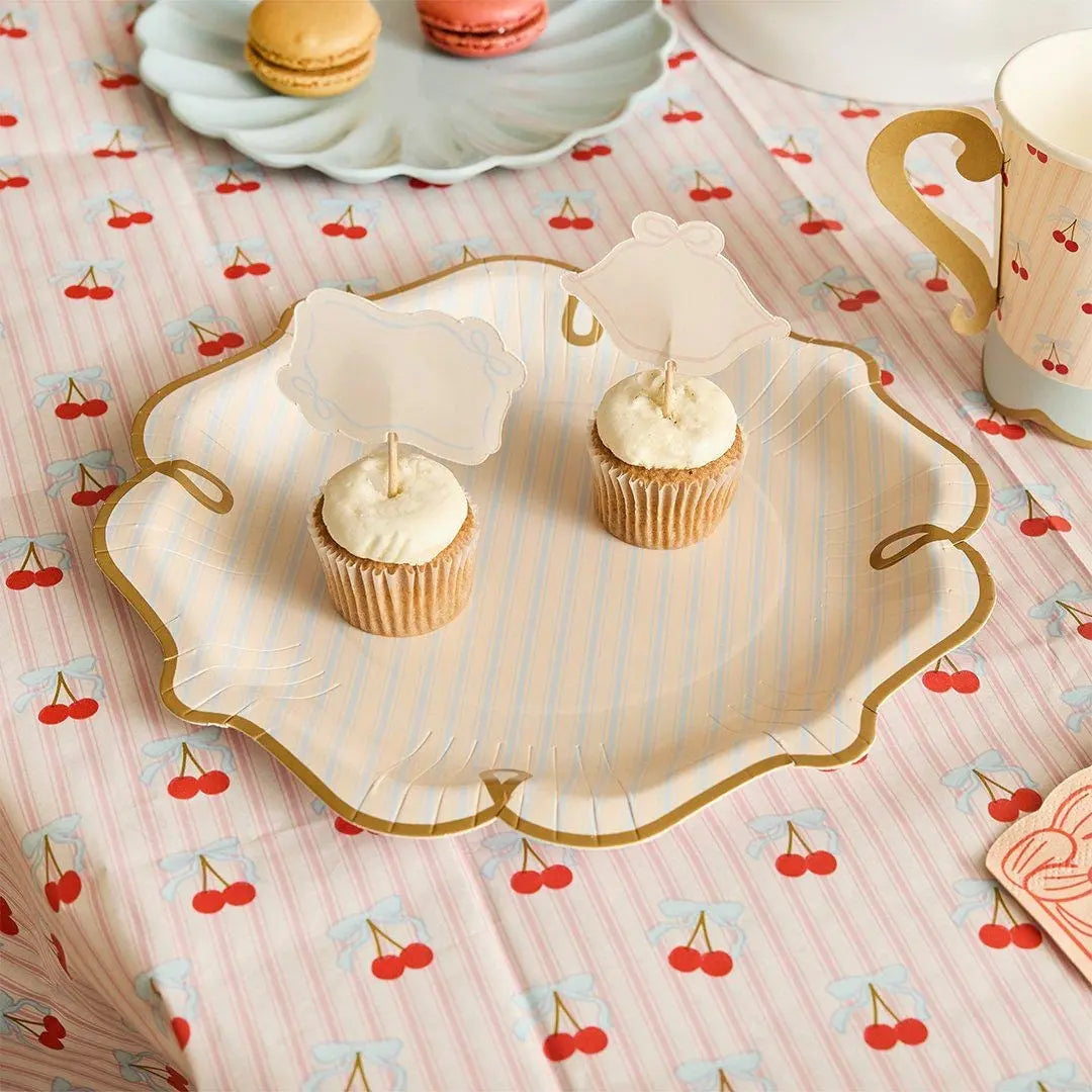 Vintage Paper Tablecloth - Cherry Paper Table Cover - Pink Striped & Cherries Party Tableware - Coquette Tea Party - 2.6m x 1.4m Large - Jolie Fete UK