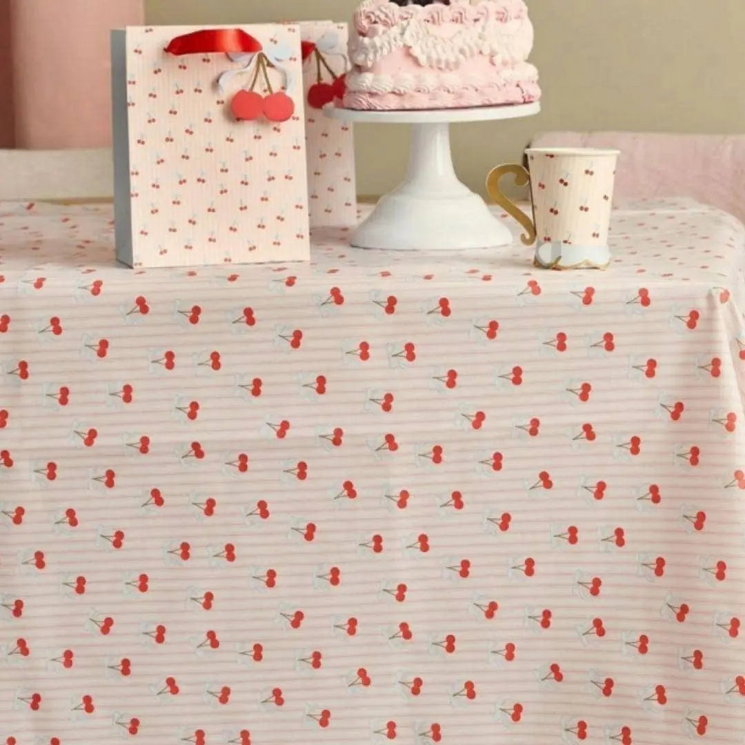 Vintage Paper Tablecloth - Cherry Paper Table Cover - Pink Striped & Cherries Party Tableware - Coquette Tea Party - 2.6m x 1.4m Large - Jolie Fete UK