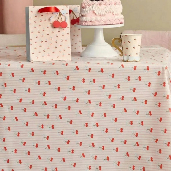 Vintage Paper Tablecloth - Cherry Paper Table Cover - Pink Striped & Cherries Party Tableware - Coquette Tea Party - 2.6m x 1.4m Large - Jolie Fete UK