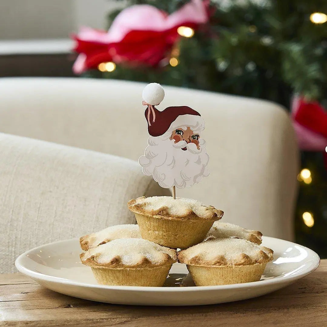 Vintage Santa Food Picks - Santa Food Toppers With Pom Pom - Cupcake Toppers - Christmas Decorations - Holiday Decor - Pack Of 12 - Jolie Fete UK