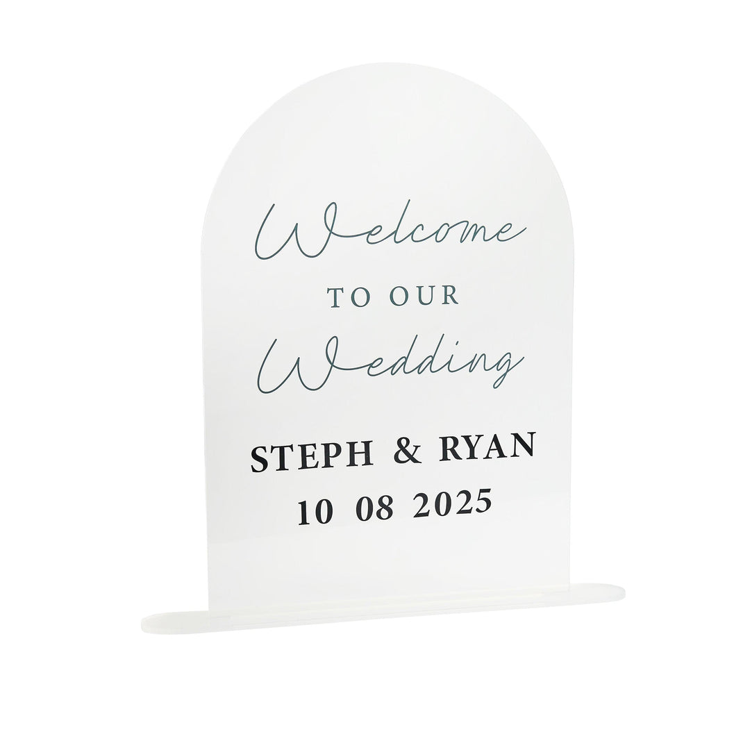 Welcome To Our Wedding Sign - Clear Arch Acrylic Sign With Black Script Lettering - Customise Your Names & Date -Minimalist Monochrome Decor - Jolie Fete UK