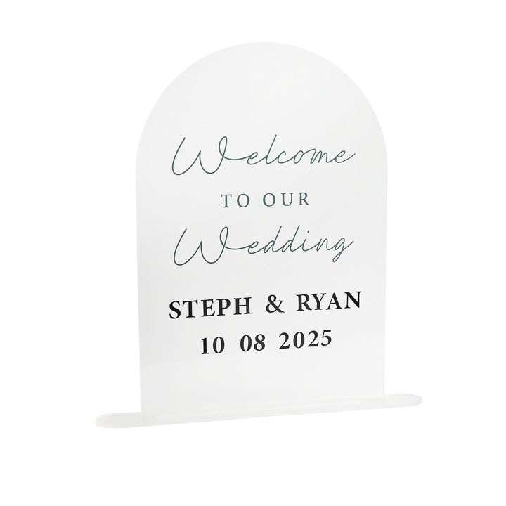 Welcome To Our Wedding Sign - Clear Arch Acrylic Sign With Black Script Lettering - Customise Your Names & Date -Minimalist Monochrome Decor - Jolie Fete UK
