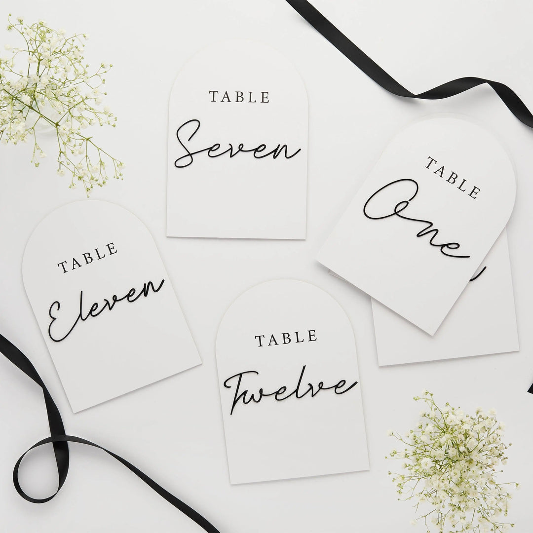 White & Black Wedding Table Numbers -Monochrome Cards with 3D Black Acrylic Lettering-Modern Minimalist Reception Decor-Pack Of Numbers 1-12 - Jolie Fete UK