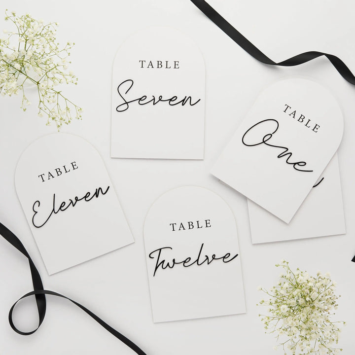 White & Black Wedding Table Numbers -Monochrome Cards with 3D Black Acrylic Lettering-Modern Minimalist Reception Decor-Pack Of Numbers 1-12 - Jolie Fete UK