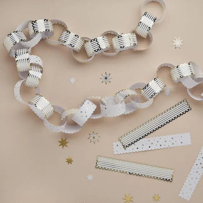 White & Gold Scallop Edge Christmas Paper Chains - Pack of 48 - DIY Xmas Decorations - Christmas Garland Craft Kit - Home Party Decor - Jolie Fete UK