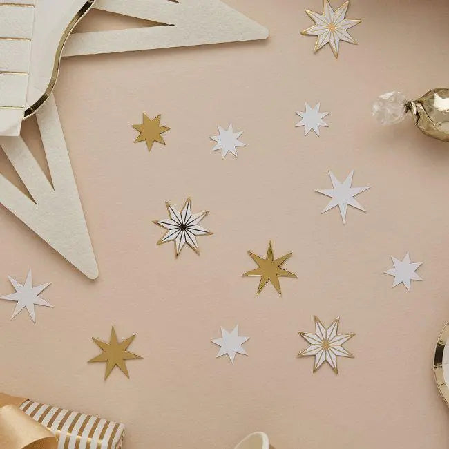 White Christmas Star Table Scatter - Gold & White Star Confetti - Xmas Table Decor - Festive Party Sprinkles - Holiday Table Decoration 14g - Jolie Fete UK