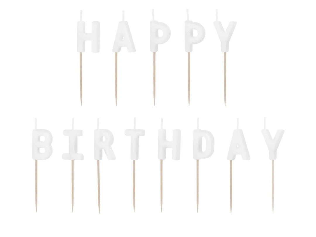 White Happy Birthday Cake Candles - White Cake Decorations - Plain White Birthday Party Decor - 13 Letter Candles - Jolie Fete UK