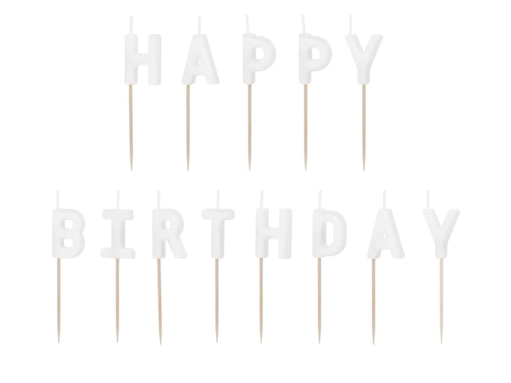 White Happy Birthday Cake Candles - White Cake Decorations - Plain White Birthday Party Decor - 13 Letter Candles - Jolie Fete UK