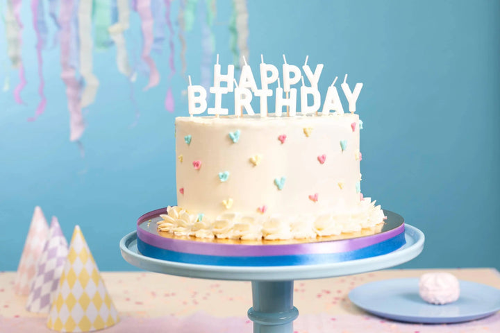 White Happy Birthday Cake Candles - White Cake Decorations - Plain White Birthday Party Decor - 13 Letter Candles - Jolie Fete UK