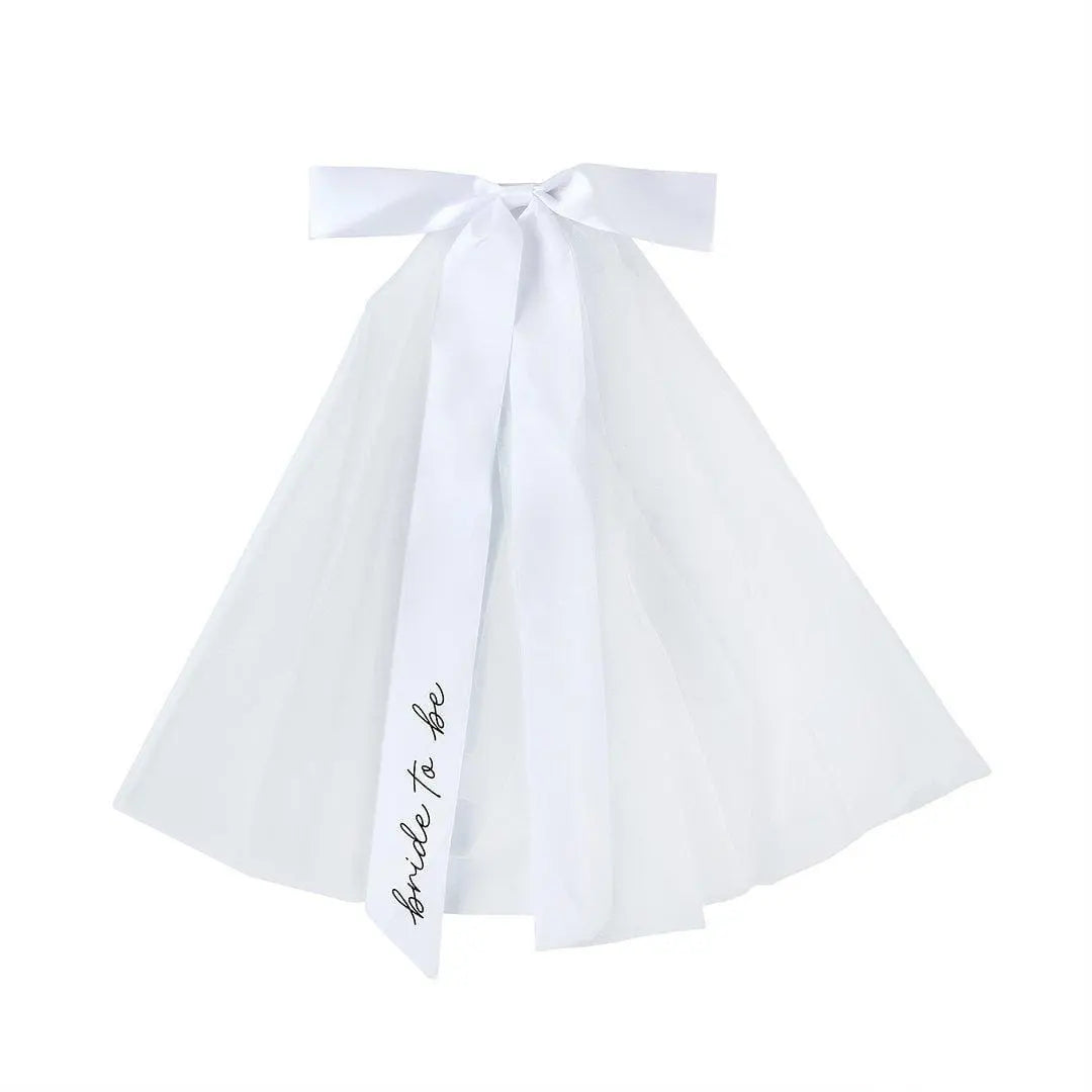 White Hen Party Veil With Large Satin Bow - Bride To Be Veil - Coquette Bridal Hair Accessory Black Script -Hootyballoo She's Tying The Knot - Jolie Fete UK